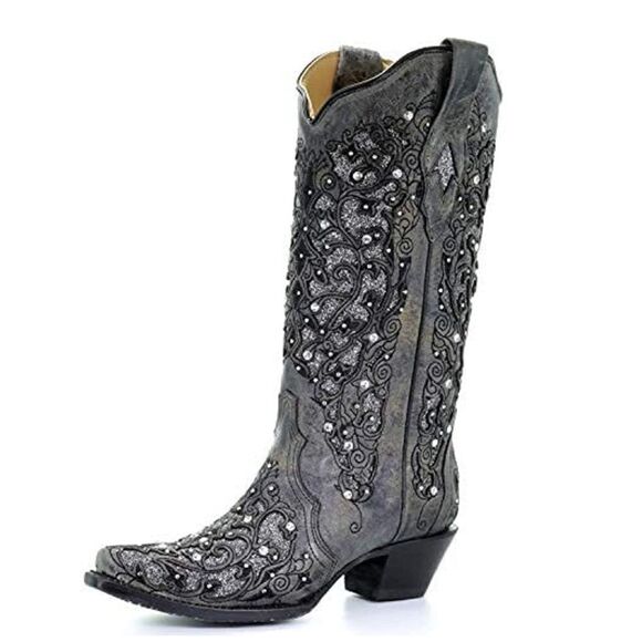 NWT Embroidered & Embellished Heeled Cowboy Boots - Gunmetal Gray - Picture 3 of 3